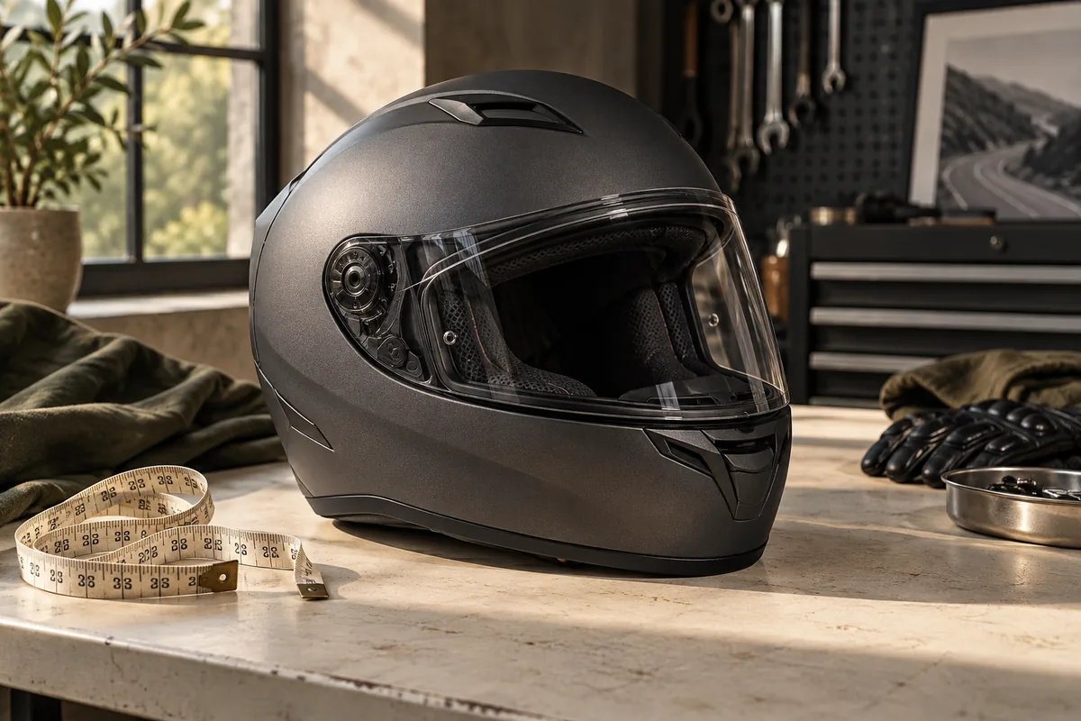 Kask integralny i miękka miarka na blacie — przygotowanie do doboru rozmiaru