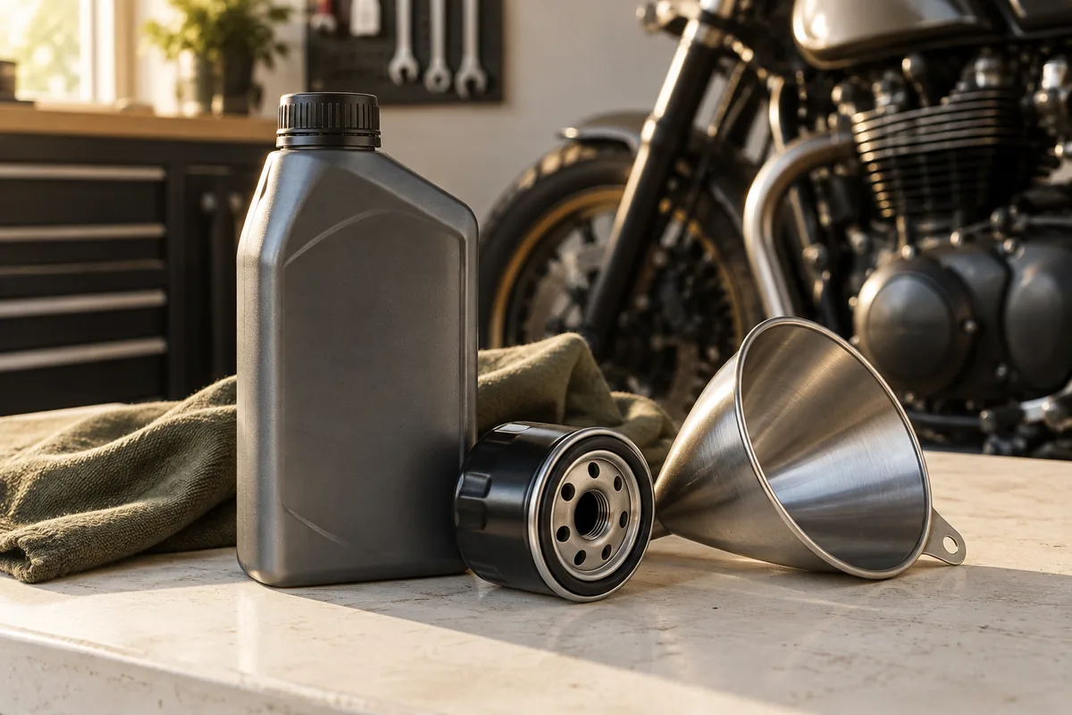Butelka oleju, filtr i lejek na blacie — przygotowanie do serwisu motocykla