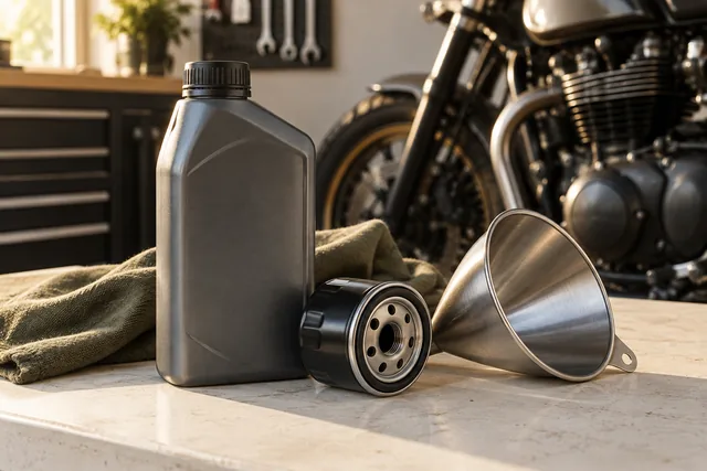 Butelka oleju, filtr i lejek na blacie — przygotowanie do serwisu motocykla
