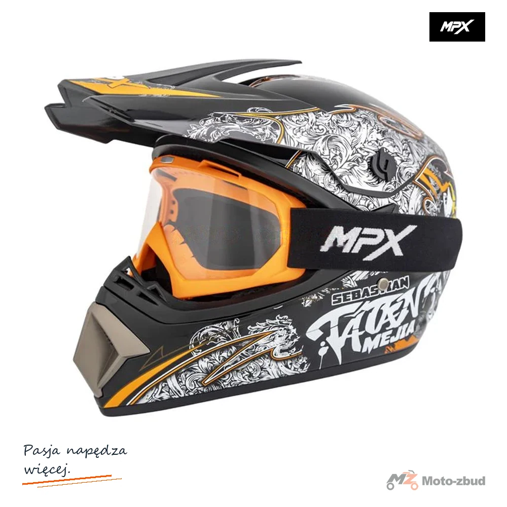 Zestaw Kask crossowy MPX WL-905 Tatan czarny XL + Gogle crossowe MPX YH-16 pomarańczowe matowe/szybka przezroczysta