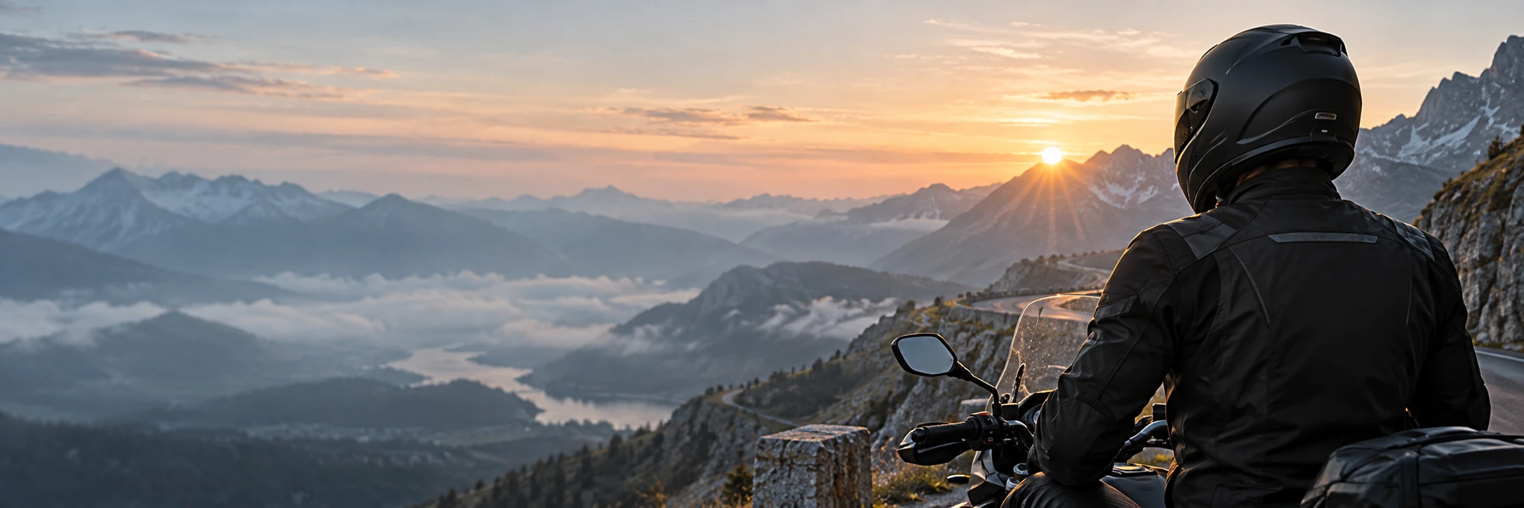 Motocyklista podziwia górską trasę o świcie