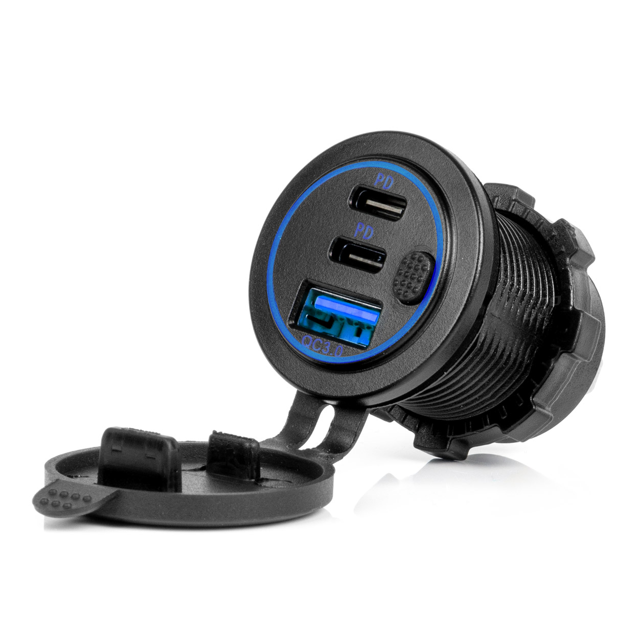 Ładowarka samochodowa z gniazdami USB wodoodporna z włącznikiem USB + 2x USB-C QC3.0 12 V 24 V