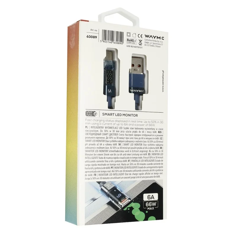 WAYME Kabel do ładowania i synchronizacji w oplocie z mikrofibry 100 cm USB > USB-C max 66W z wyświetlaczem niebieski — ujęcie 2