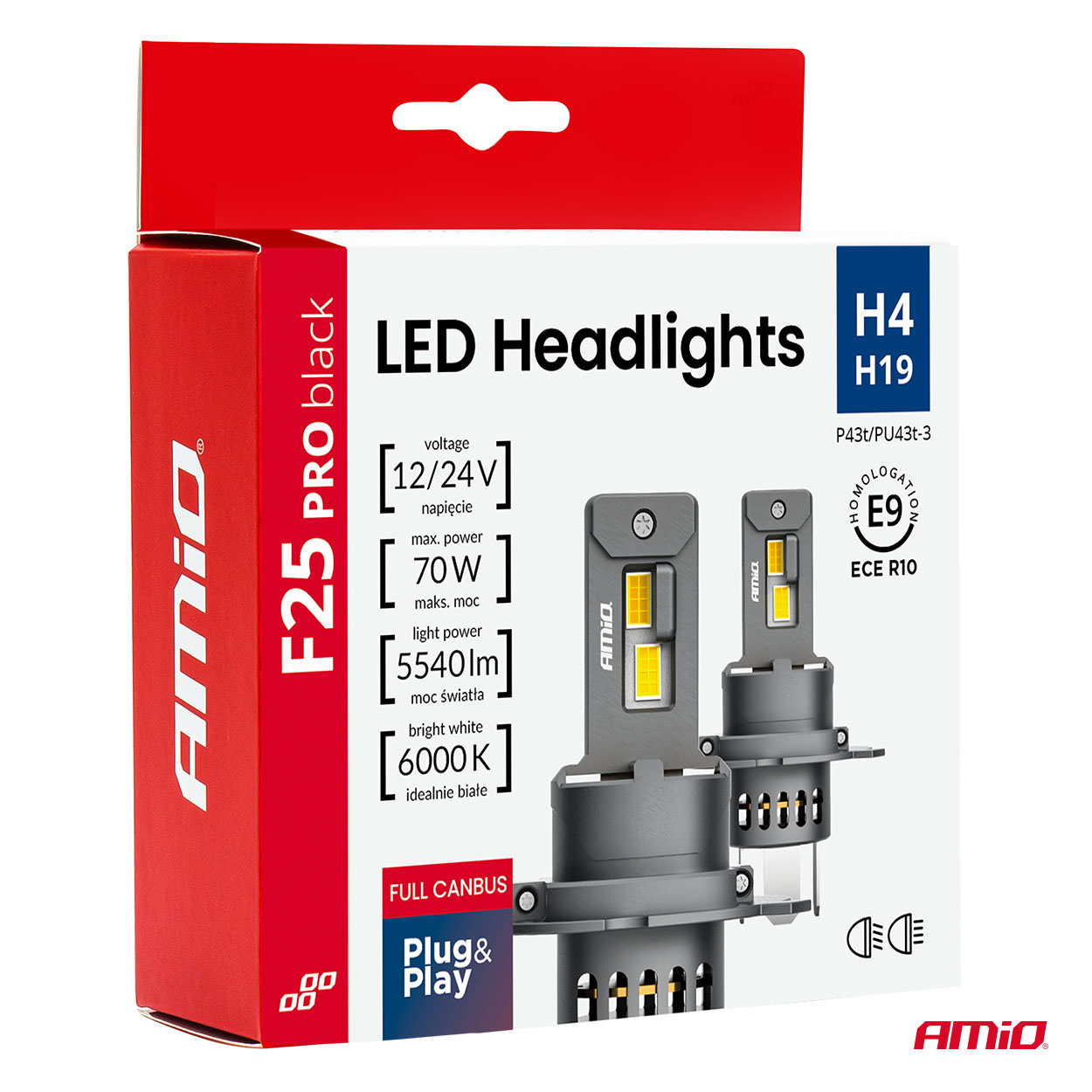 Żarówki samochodowe LED seria F25 PRO BLACK FULL CANBUS H4 H19 70 W 12 V 24 V — ujęcie 9
