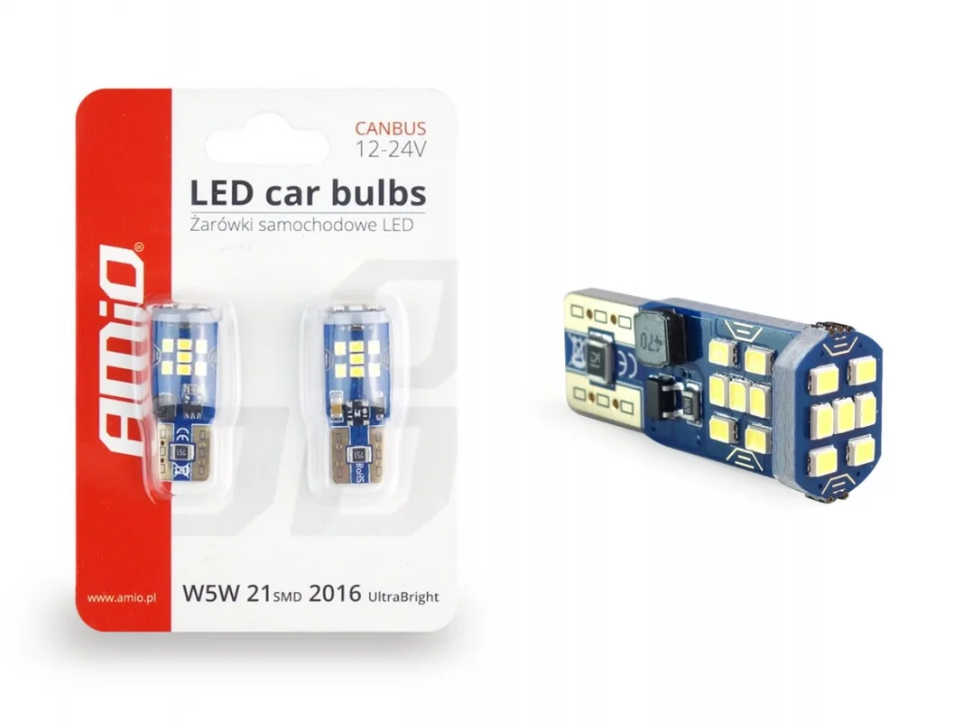 Żarówka W5W T10 12V 21xLED UltraBright 2016 CANBUS biała AMIO (2szt.) — ujęcie 6