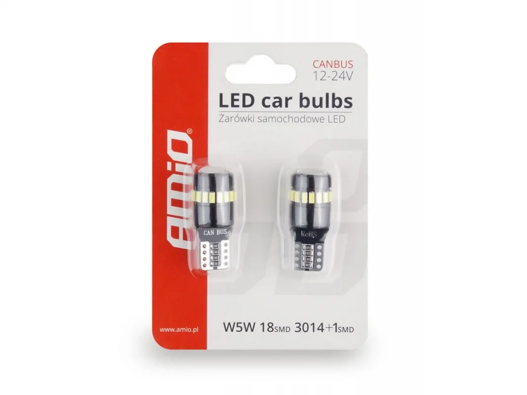 Żarówka W5W T10 12V 18xLED SMD 3014 + 1 SMD CANBUS biała AMIO (2szt.) — ujęcie 7