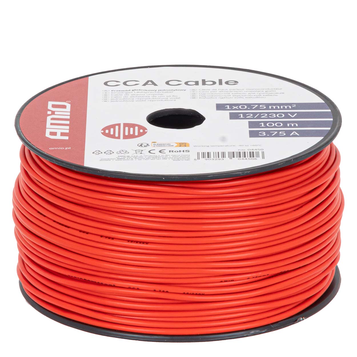 Przewód jednożyłowy czerwony CCA 1x0.75mm2 100m 3.75A 12/230V