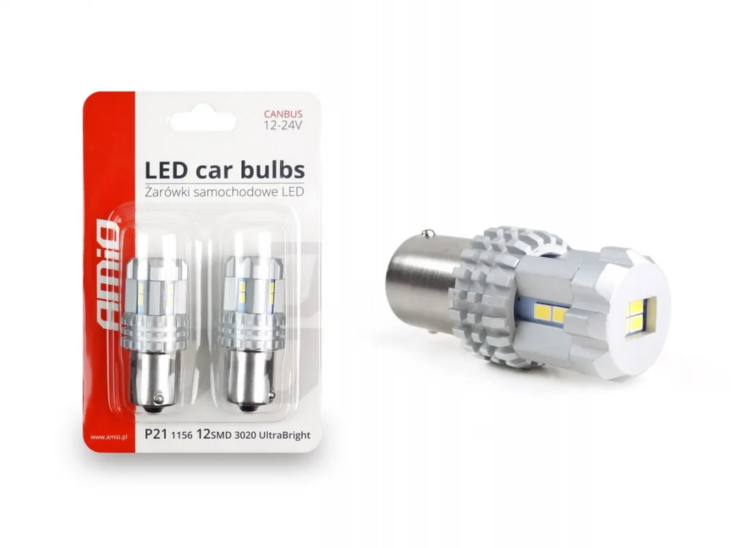 Żarówka BA15S 12V/24V 12x3020 SMD UltraBright LED CANBUS biała AMIO (2szt.) — ujęcie 3