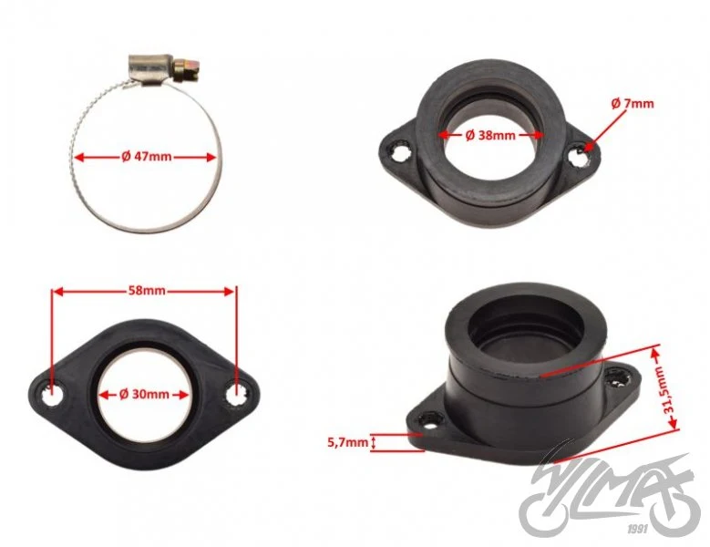 Króciec gaźnika 4T — PE28-30-32, Yamaha / MBK — ujęcie 3