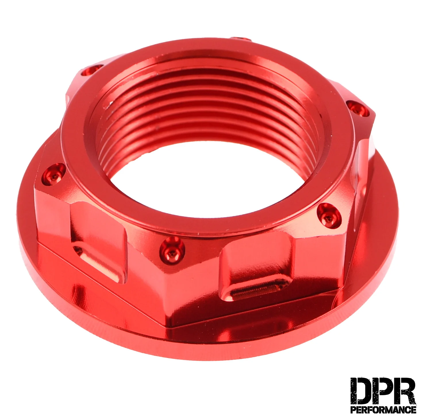 Nakrętka półki widelca Simson M24 × 1,5 aluminium CNC anoda czerwona DPR Performance — ujęcie 1