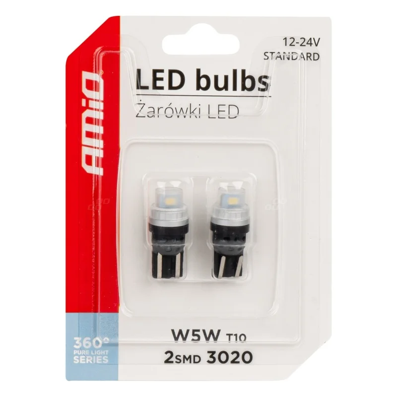 Żarówka W5W T10 12V/24V 2xLED SMD3020 biała AMIO (2szt.) — ujęcie 3