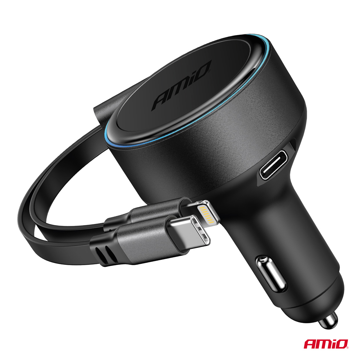 Ładowarka samochodowa ze zwijanym kablem typ C + lightning iPhone + USB-C 12 V 24 V 60 W — ujęcie 3
