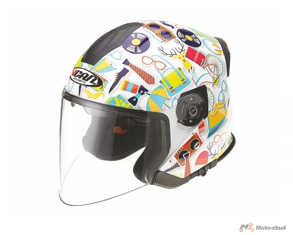 Kask VCAN model V586 white modern bez szczęki biały z kolorową grafiką XL — ujęcie 2