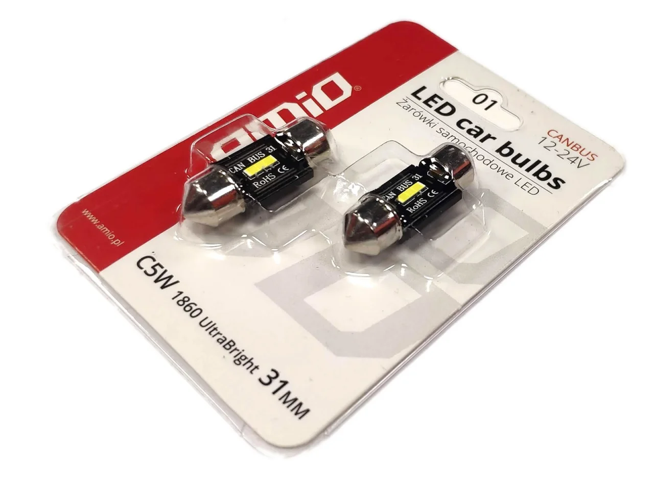 Żarówka rurkowa SV8.5 12V/24V 31mm SMD UltraBright 1860 Festoon CANBUS bipolarna biała AMIO (2szt.) — ujęcie 5