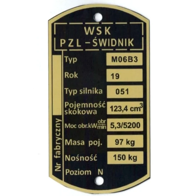 Tabliczka znamionowa WSK 125 M06B3 (silnik 051) pzl świdnik PL — ujęcie 2
