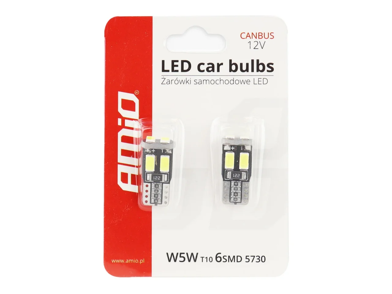 Żarówka W5W T10 12V 6xLED SMD5730 CANBUS biała AMIO (2szt.) — ujęcie 3