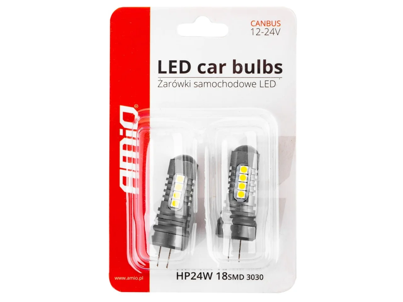 Żarówka HP24W 12V/24V 18xLED SMD3030 CANBUS biała AMIO (2szt.) — ujęcie 2