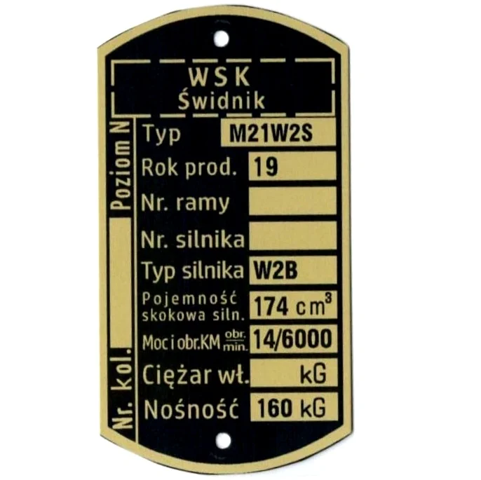 Tabliczka znamionowa WSK 175 M21W2S1 111 kg (silnik W2B) PL — ujęcie 2