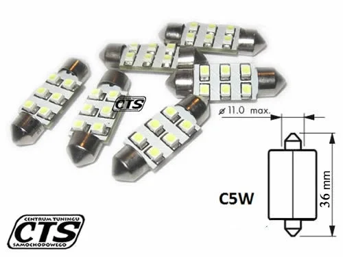 Żarówka rurkowa SV8.5 12V 36mm 6 SMD LED biała (1szt.)