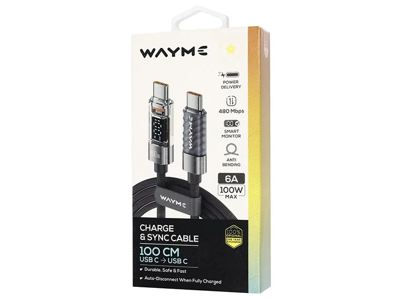WAYME Kabel do ładowania i synchronizacji w oplocie z mikrofibry 100 cm USB-C > USB-C max 100W z wyświetlaczem szary — ujęcie 3