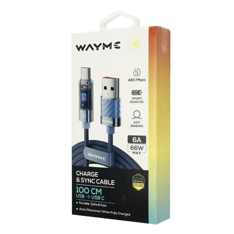 WAYME Kabel do ładowania i synchronizacji w oplocie z mikrofibry 100 cm USB > USB-C max 66W z wyświetlaczem niebieski — ujęcie 3