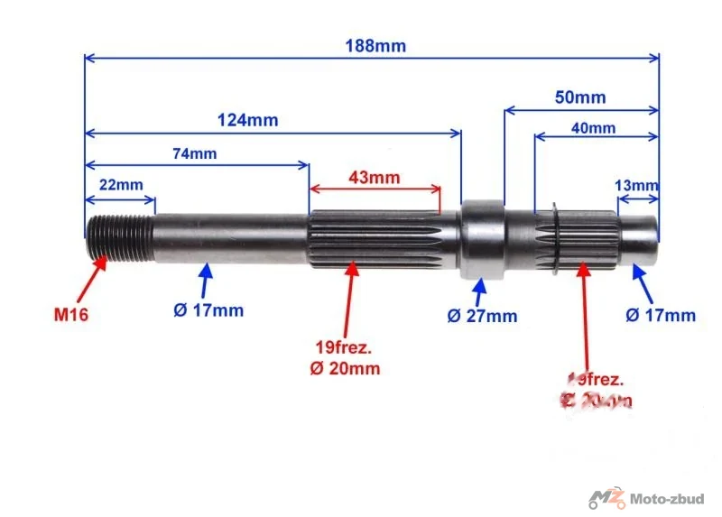 Wałek przekładnia tył zdawczy długi 19 frezó 188 mm — ujęcie 2