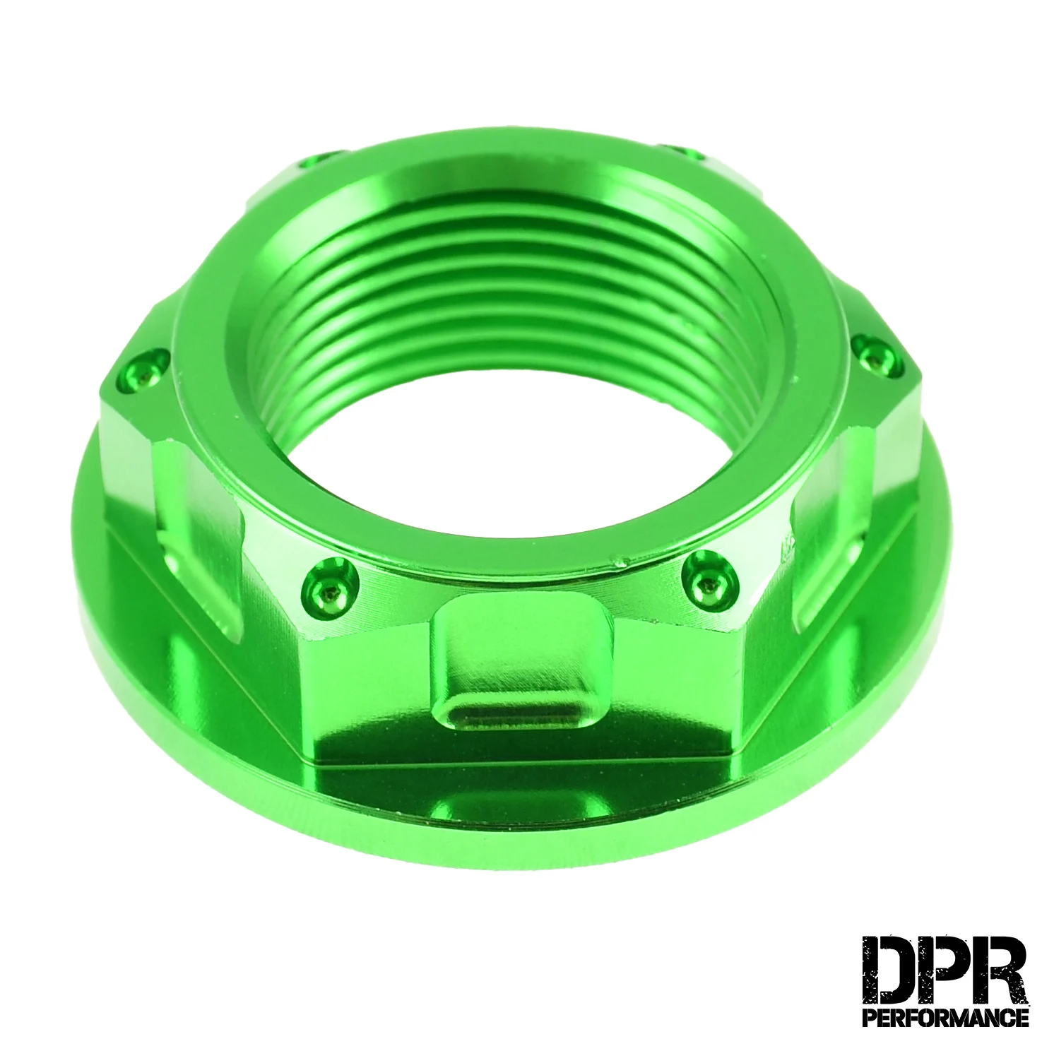 Nakrętka półki widelca Simson M24 × 1,5 aluminium CNC anoda zielona DPR Performance — ujęcie 1