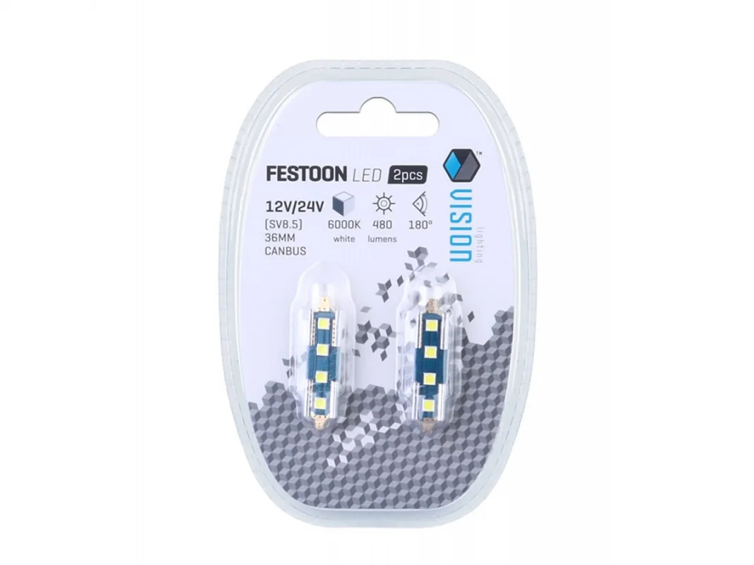 Żarówka rurkowa SV8.5 12V/24V 36mm 4xSMD3030 LED Festoon CANBUS nonpolar biała VISION (2szt.) — ujęcie 2