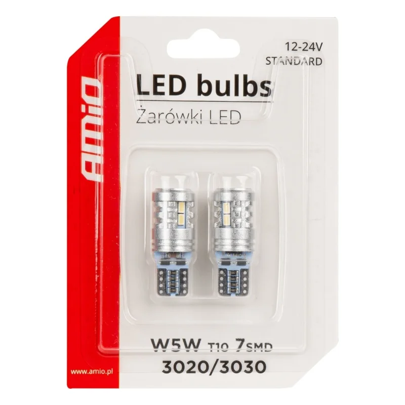 Żarówka W5W T10 12V/24V 6xLED SMD3020 + 1xLED SMA3030 biała AMIO (2szt.) — ujęcie 4