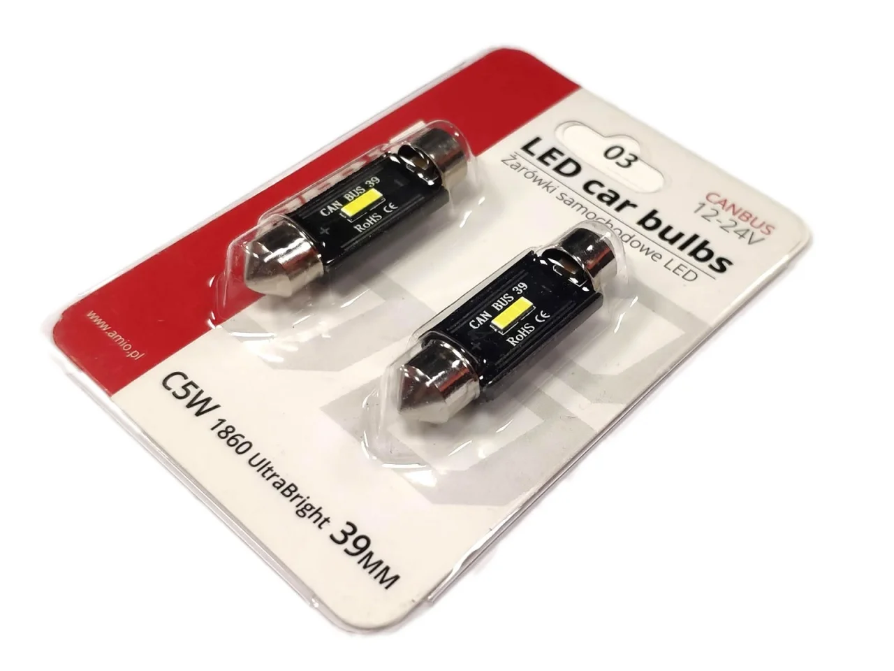 Żarówka rurkowa SV8.5 12V/24V 39mm SMD UltraBright 1860 Festoon CANBUS bipolarna biała AMIO (2szt.) — ujęcie 4