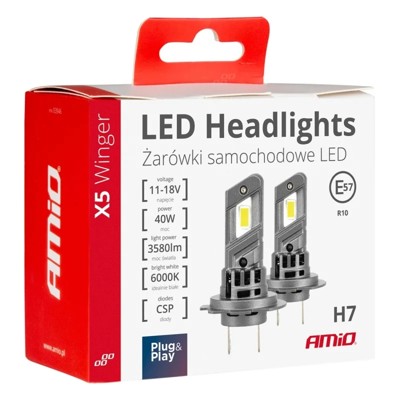 Żarówki samochodowe H7 LED X5 Canbus Winger 6000K AMIO — ujęcie 2