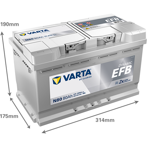Akumulator 80 Ah 800A 314×175×190/P+ EFB Start-stop Varta 580500080K262 — ujęcie 2