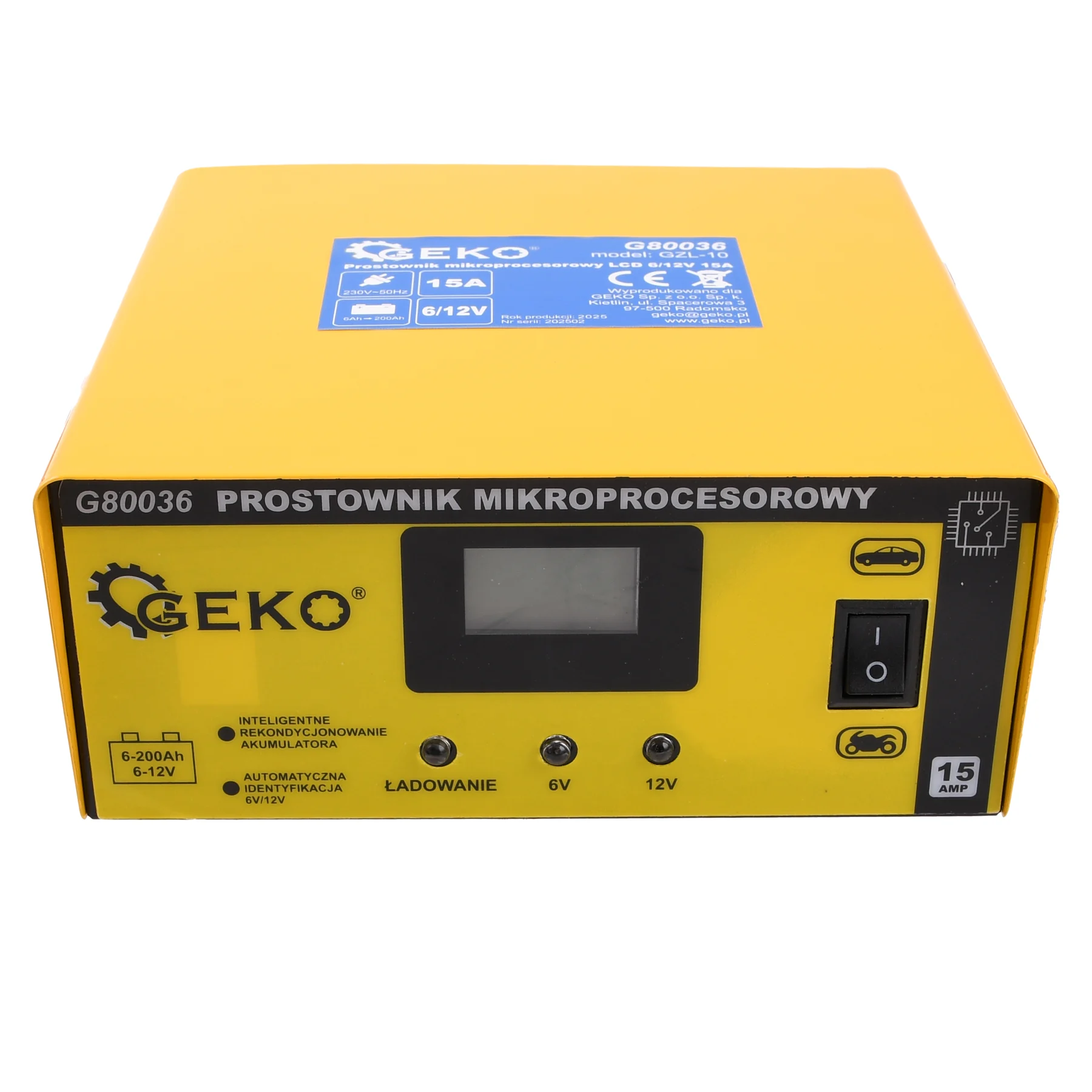 Ładowarka akumulatorów / prostownik mikroprocesorowy LCD 6/12 V 15A — ujęcie 2