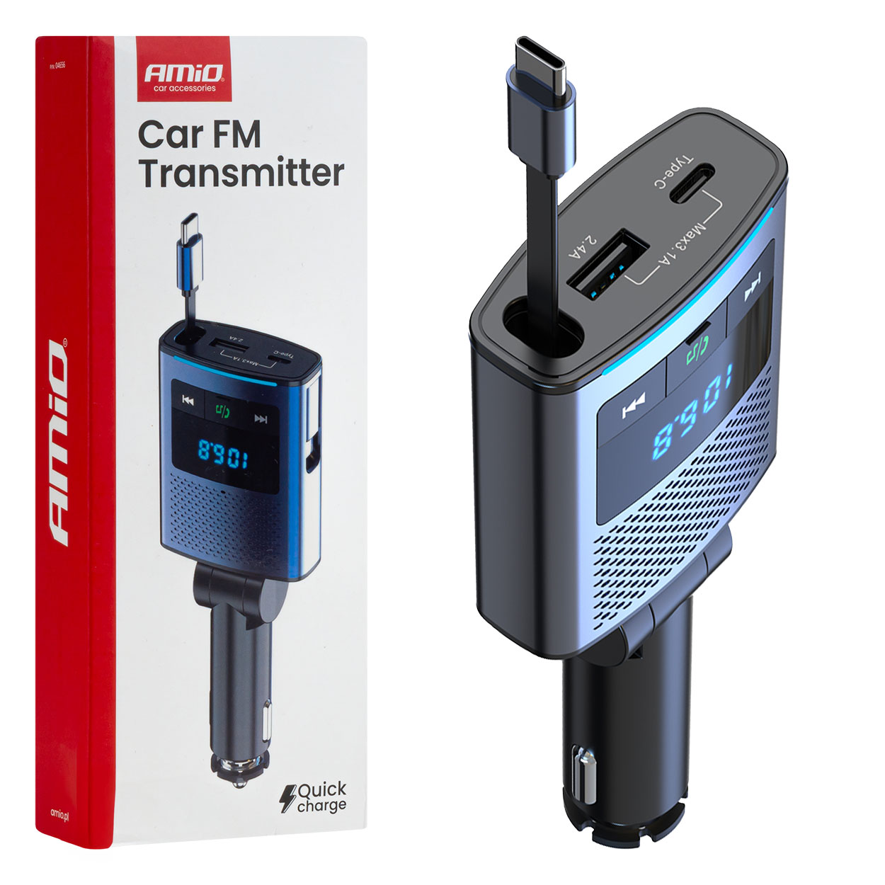 Transmiter samochodowy FM 1×USB-A 1×USB-C 12 V 24 V