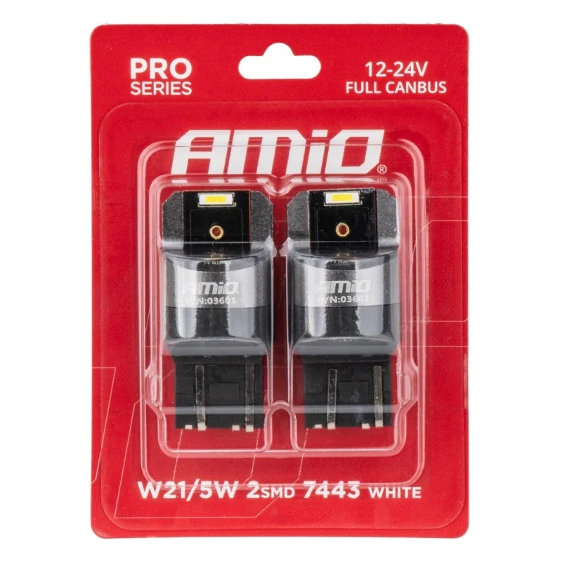 Żarówka W21/5W 12V/24V 2xLED SMD1860 CANBUS biała AMIO (2szt.) — ujęcie 3