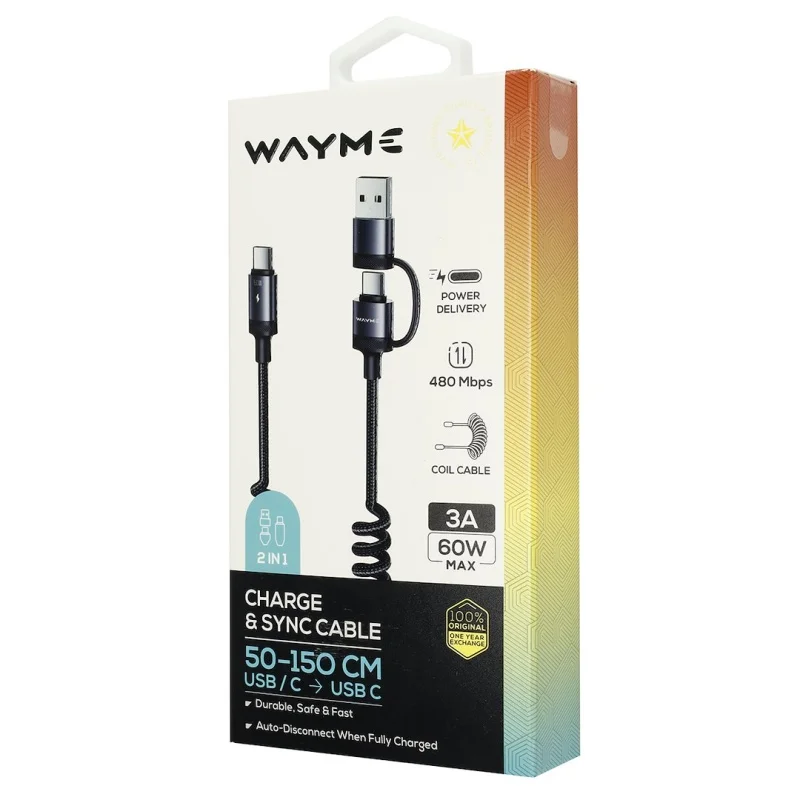 WAYME Kabel do ładowania i synchronizacji w oplocie z mikrofibry spiralny 50 - 150 cm USB / C > USB-C max 60W — ujęcie 3