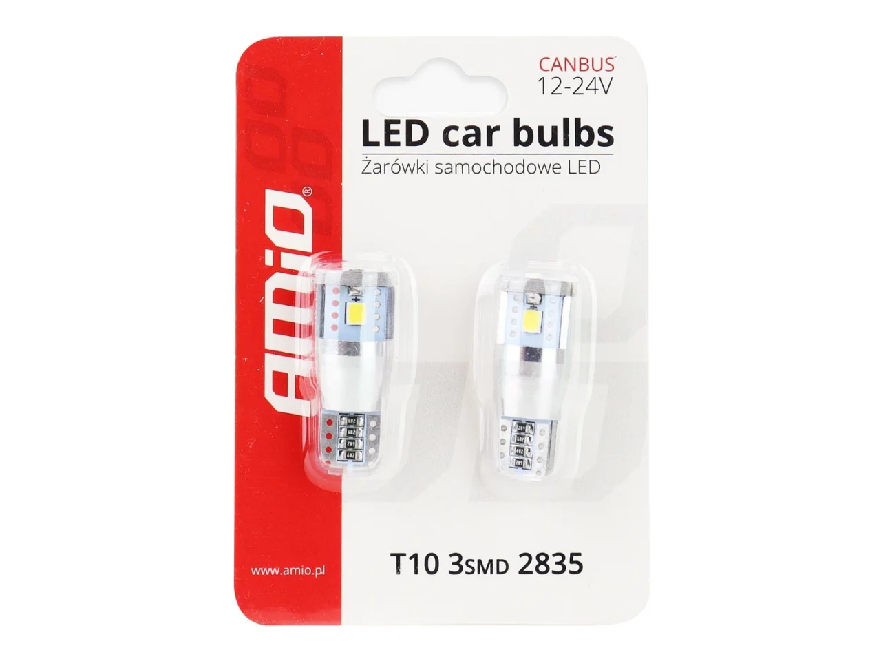 Żarówka W5W T10 12V/24V 3xLED SMD2835 CANBUS biała AMIO (2szt.) — ujęcie 4
