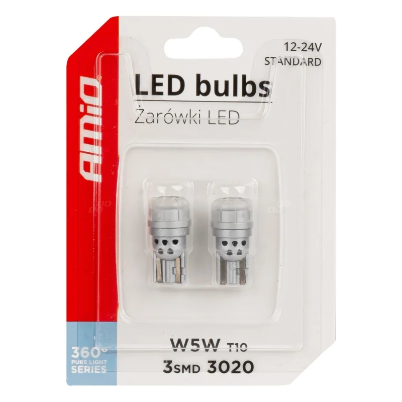 Żarówka W5W T10 12V/24V 3xLED SMD3020 biała AMIO (2szt.) — ujęcie 4