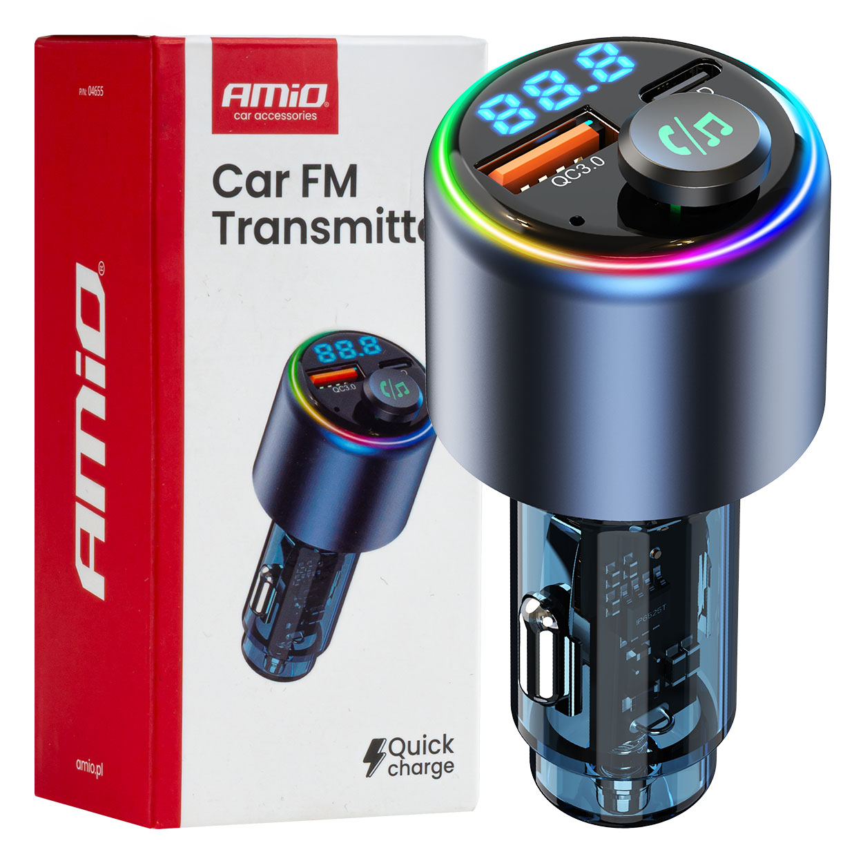 Transmiter samochodowy FM 1×USB-A 1×USB-C 12 V 24 V