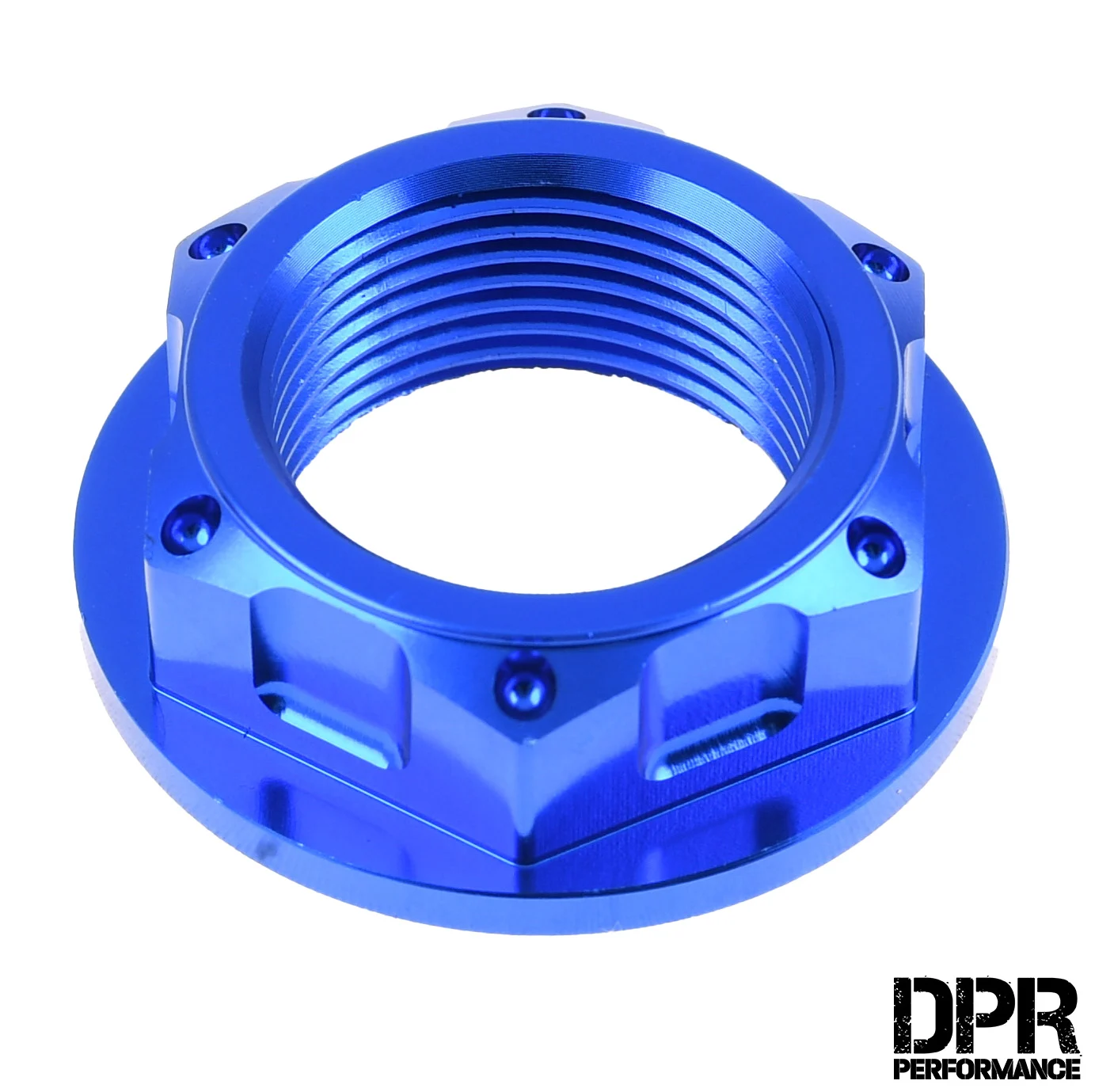 Nakrętka półki widelca Simson M24 × 1,5 aluminium CNC anoda niebieska DPR Performance — ujęcie 1