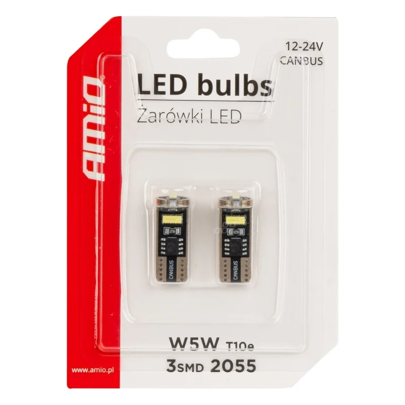 Żarówka W5W T10e 12V/24V 3xLED SMD2055 CANBUS biała AMIO (2szt.) — ujęcie 3