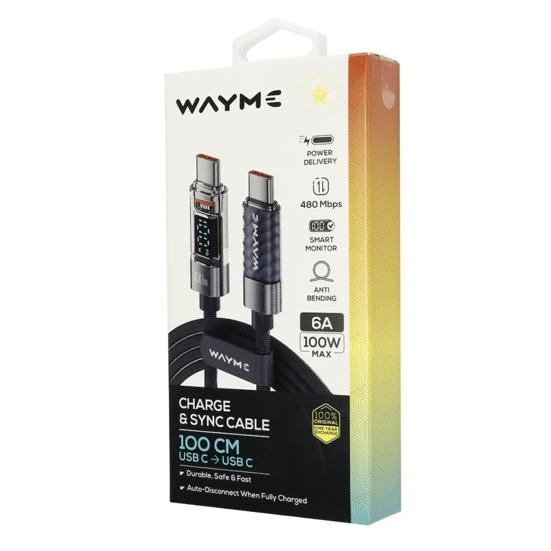 WAYME Kabel do ładowania i synchronizacji w oplocie z mikrofibry 100 cm USB-C > USB-C max 100W z wyświetlaczem szary — ujęcie 9