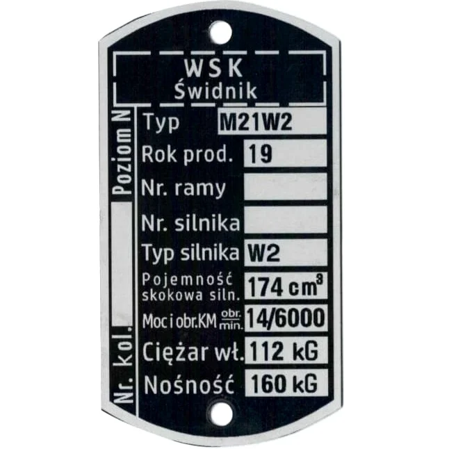 Tabliczka znamionowa WSK 175 M21W2 (silnik W2) do 1978 PL — ujęcie 2