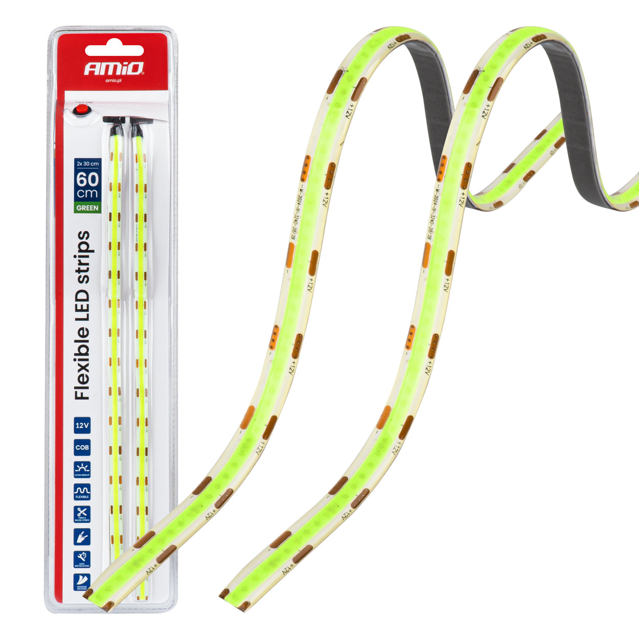 Paski LED COB do samochodu zielone 2x30cm 12 V