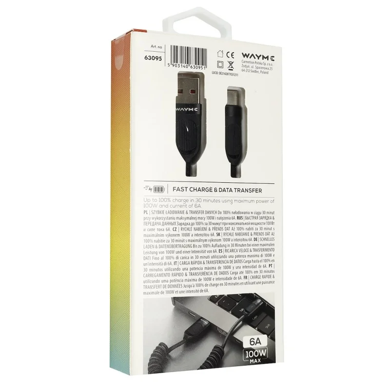 WAYME Kabel do ładowania i synchronizacji w oplocie z mikrofibry spiralny 50 - 180 cm USB > USB-C max 100W czarny — ujęcie 2