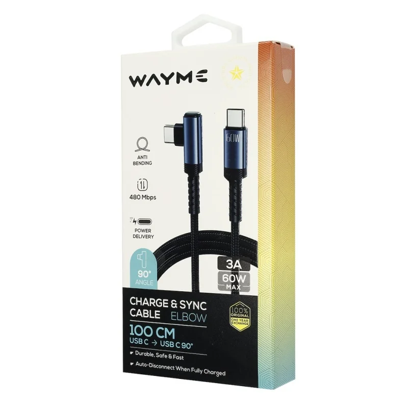 WAYME Kabel do ładowania i synchronizacji w oplocie z mikrofibry 100 cm USB-C > USB-C 90° max 60W — ujęcie 3