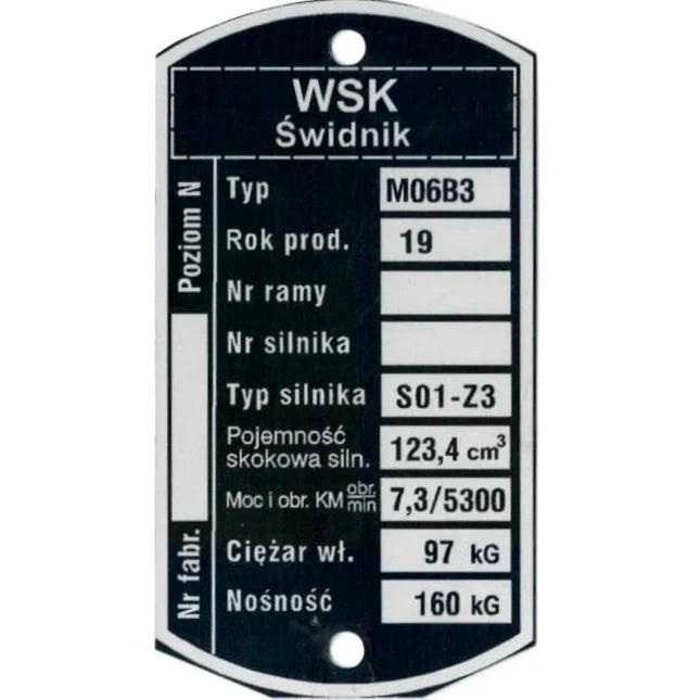 Tabliczka znamionowa WSK 125 M06B3 (silnik S01-Z3) PL — ujęcie 2