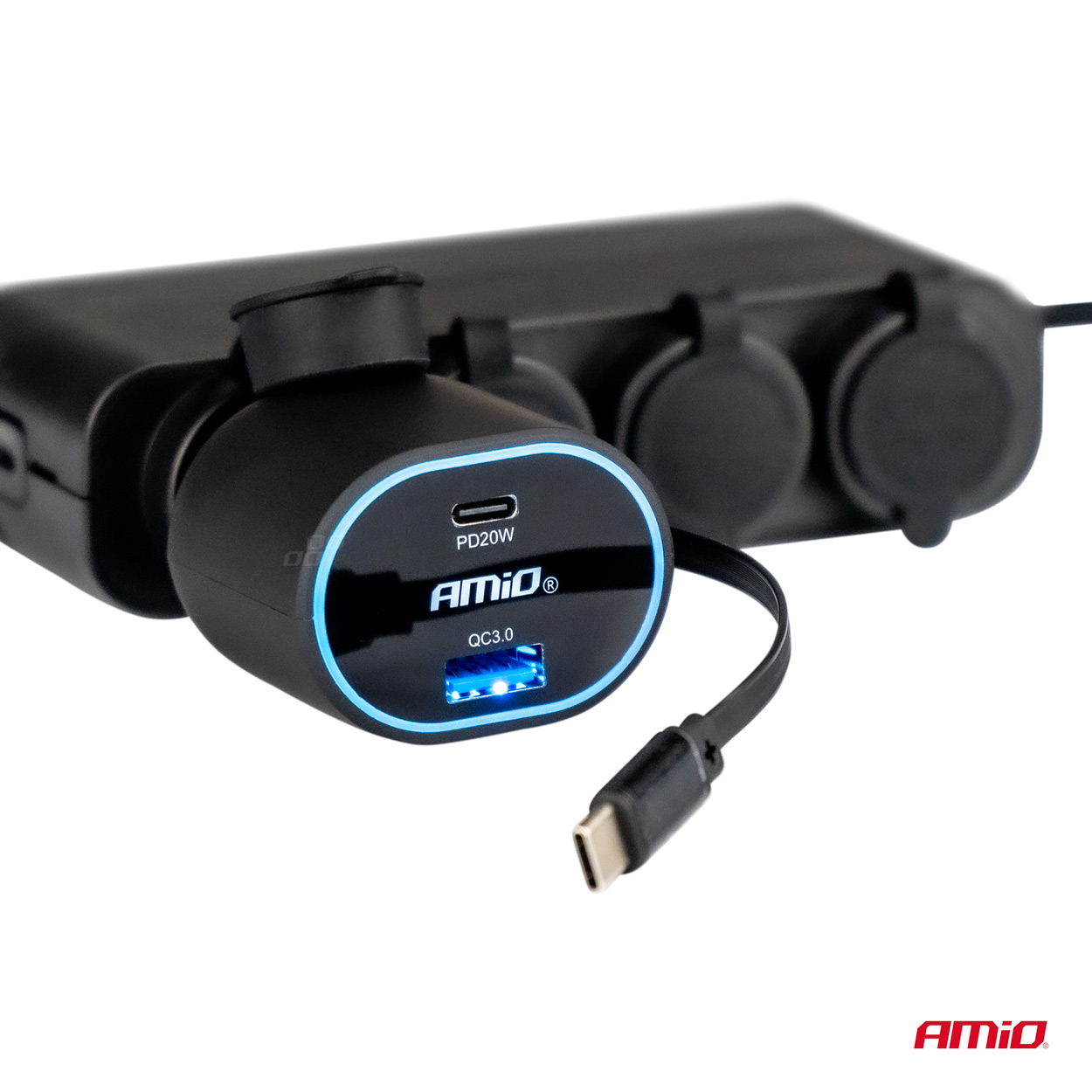 Szybka ładowarka samochodowa ze zwijanym kablem 50 W PD30W PD20W + QC3.0 USB-A USB-C — ujęcie 4