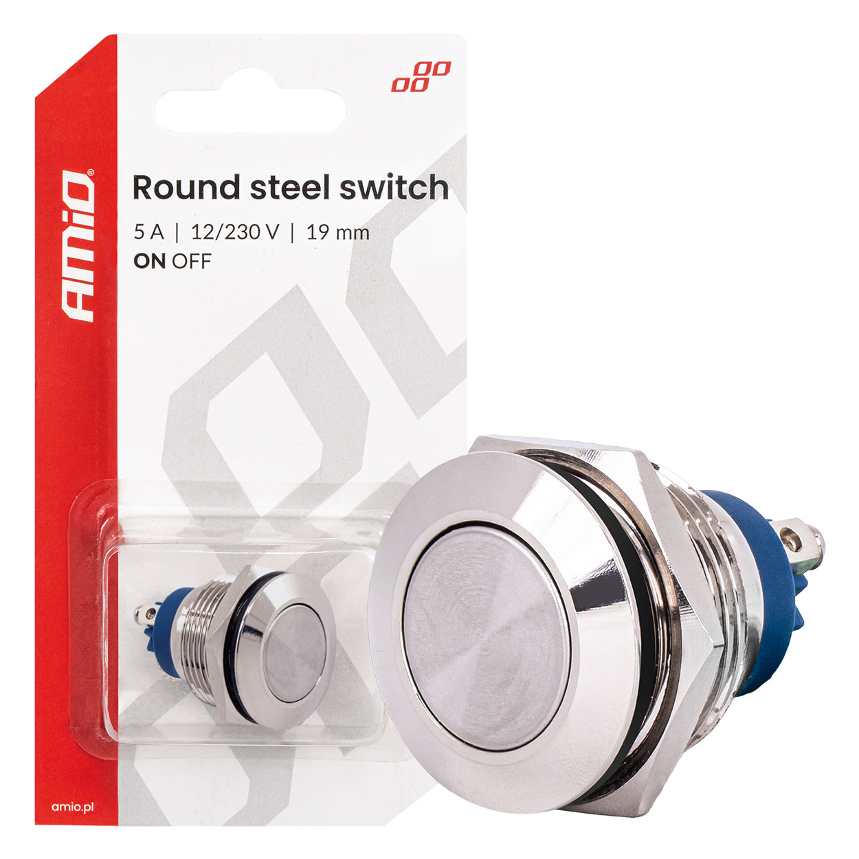 Włącznik płaski okrągły stalowy ON/OFF 19 mm 5A 12/230V