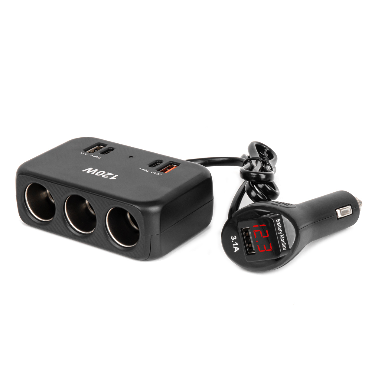 Rozdzielacz gniazda zapalniczki z ładowarką 2x USB-A 1x USB-C QC4.0 12 V 24 V 120 W 80 cm
